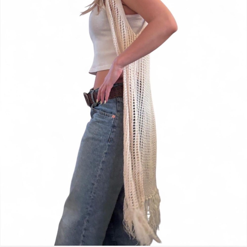 Francesca’s Crochet Fringe Maxi Vest | Boho Mesh Duster Cardigan Coverup